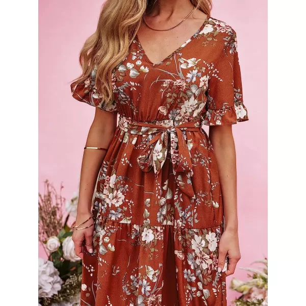 imageCUPSHE Belted Floral Print Dress Short Sleeves Maxi Dresses Casual SummerOrange