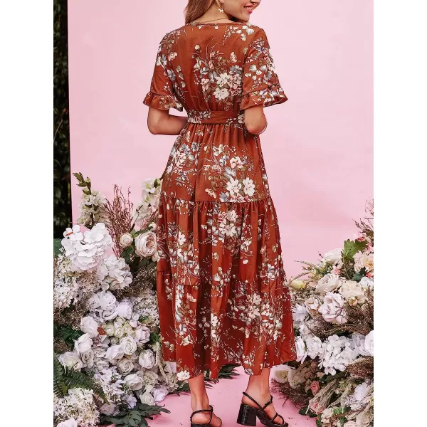 imageCUPSHE Belted Floral Print Dress Short Sleeves Maxi Dresses Casual SummerOrange