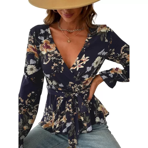 imageCUPSHE Belted Floral Print Flounce Mock Wrap Tops Sexy VNeck Long Sleeve Blouses TopsMulticolor