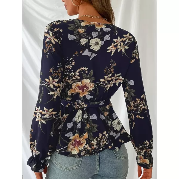 imageCUPSHE Belted Floral Print Flounce Mock Wrap Tops Sexy VNeck Long Sleeve Blouses TopsMulticolor