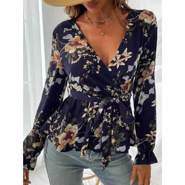 imageCUPSHE Belted Floral Print Flounce Mock Wrap Tops Sexy VNeck Long Sleeve Blouses TopsMulticolor