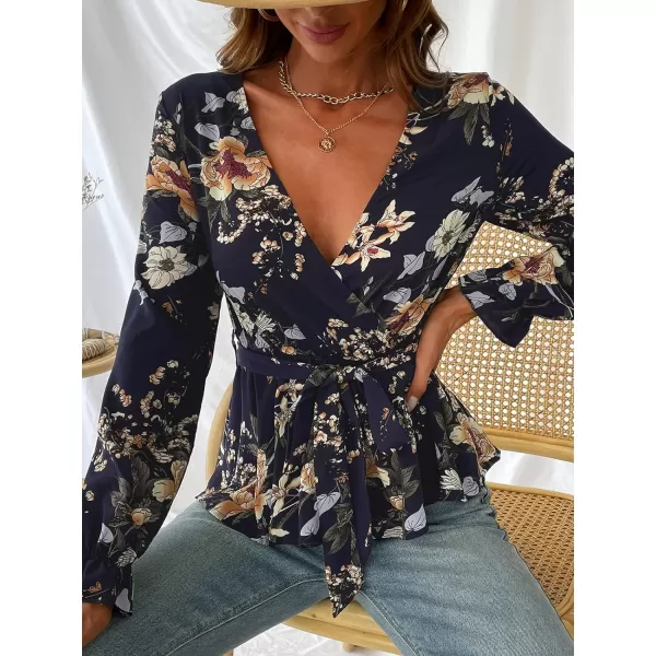 imageCUPSHE Belted Floral Print Flounce Mock Wrap Tops Sexy VNeck Long Sleeve Blouses TopsMulticolor