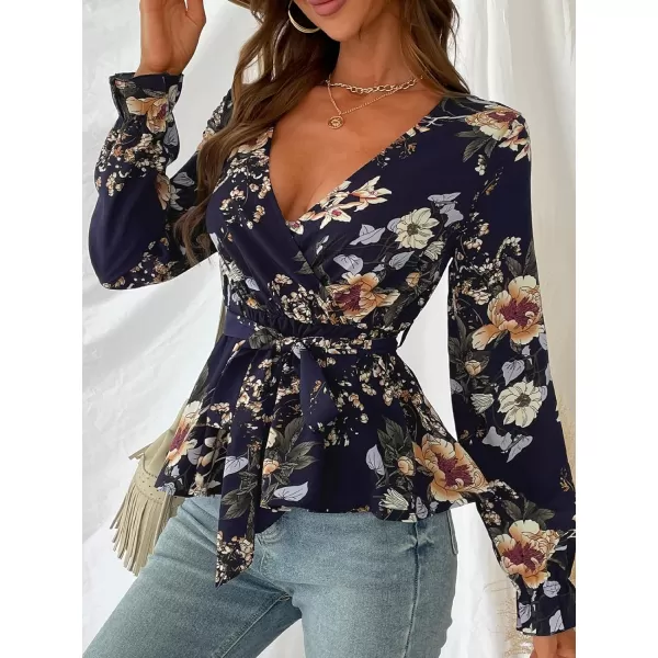 imageCUPSHE Belted Floral Print Flounce Mock Wrap Tops Sexy VNeck Long Sleeve Blouses TopsMulticolor