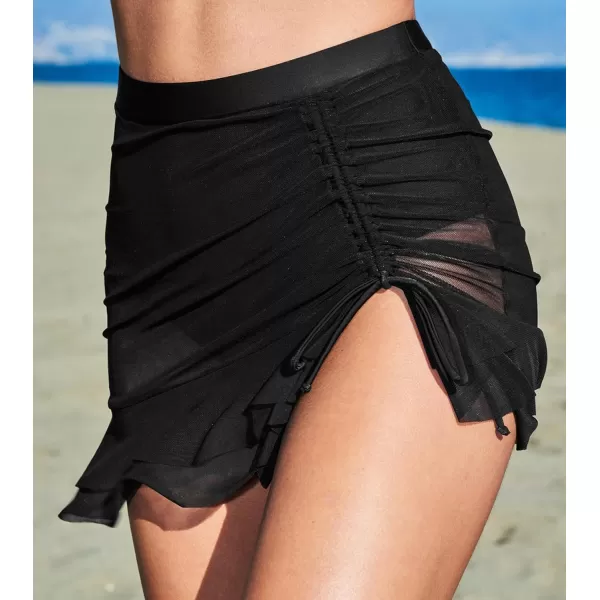 imageCUPSHE Bikini Bottom for Women Asymmetrical Ruffled Drawstring Swim Skirt Mid Rise MeshBlack