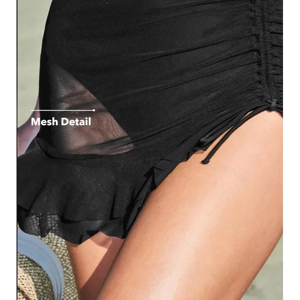imageCUPSHE Bikini Bottom for Women Asymmetrical Ruffled Drawstring Swim Skirt Mid Rise MeshBlack
