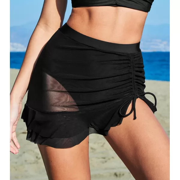 imageCUPSHE Bikini Bottom for Women Asymmetrical Ruffled Drawstring Swim Skirt Mid Rise MeshBlack