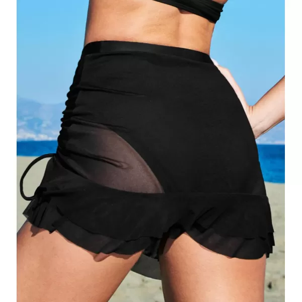 imageCUPSHE Bikini Bottom for Women Asymmetrical Ruffled Drawstring Swim Skirt Mid Rise MeshBlack