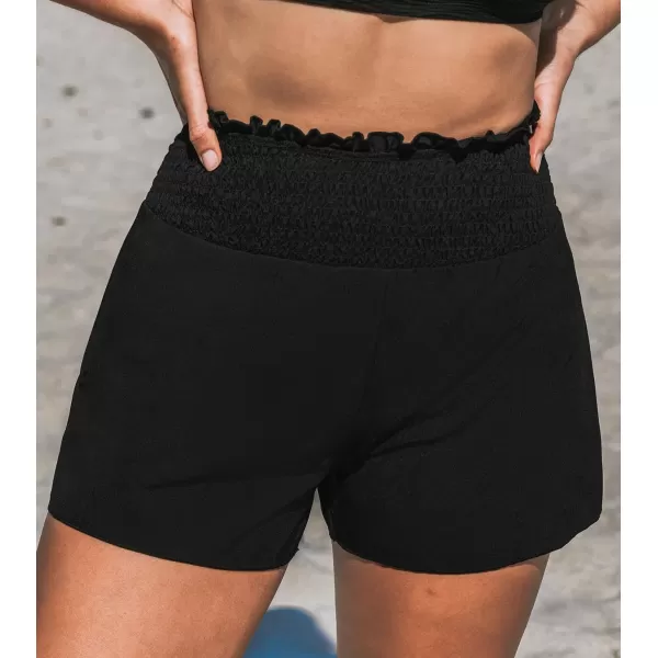 imageCUPSHE Bikini Bottom for Women High Waisted Smocked Ruffled Shorts BottomBlack