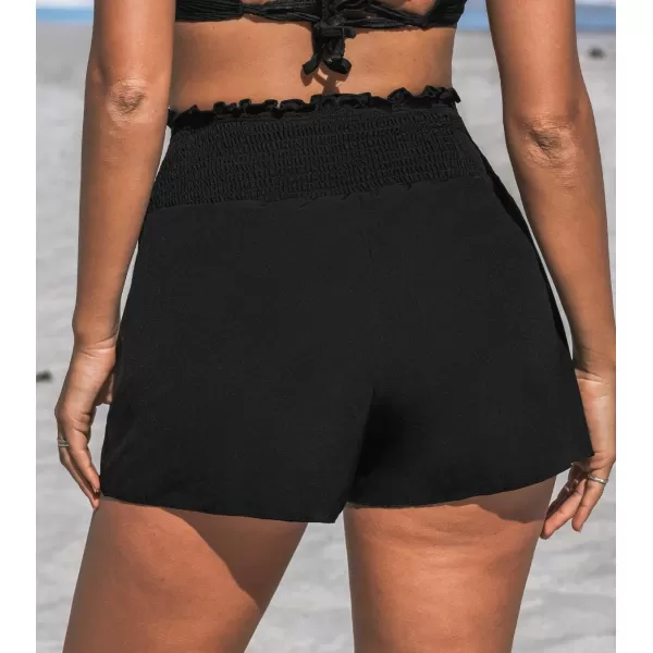 imageCUPSHE Bikini Bottom for Women High Waisted Smocked Ruffled Shorts BottomBlack