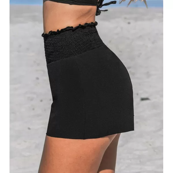 imageCUPSHE Bikini Bottom for Women High Waisted Smocked Ruffled Shorts BottomBlack