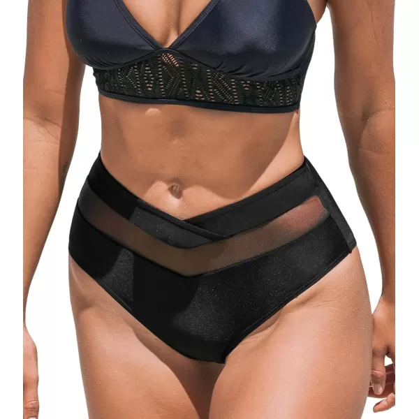 imageCUPSHE Bikini Bottom for Women High Waisted V Cut Mesh Classic BottomBlack