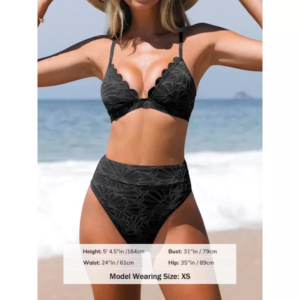 imageCUPSHE Bikini Set for Women Bathing Suit High Waisted Scalloped V Neck Two Pieces SwimsuitBlack