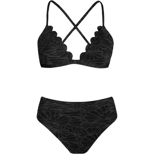 imageCUPSHE Bikini Set for Women Bathing Suit High Waisted Scalloped V Neck Two Pieces SwimsuitBlack