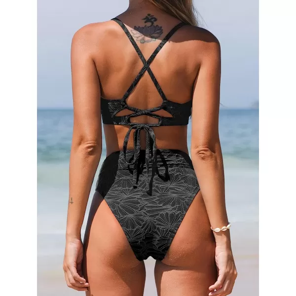 imageCUPSHE Bikini Set for Women Bathing Suit High Waisted Scalloped V Neck Two Pieces SwimsuitBlack