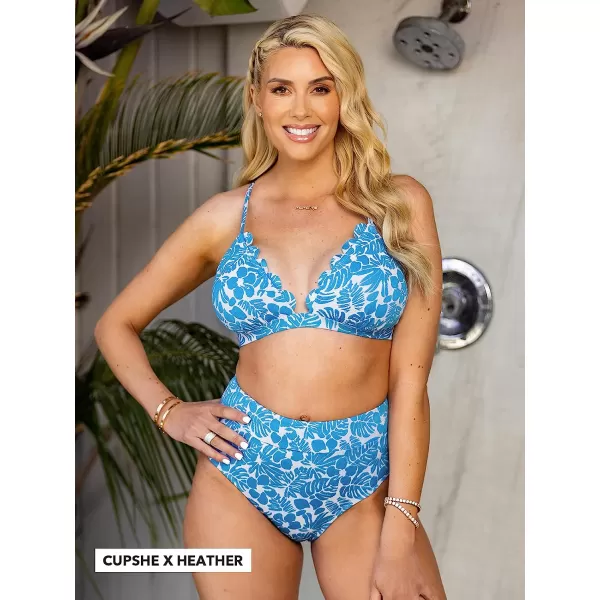 imageCUPSHE Bikini Set for Women Bathing Suit High Waisted Scalloped V Neck Two Pieces SwimsuitBlueWhite
