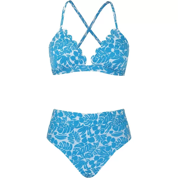 imageCUPSHE Bikini Set for Women Bathing Suit High Waisted Scalloped V Neck Two Pieces SwimsuitBlueWhite