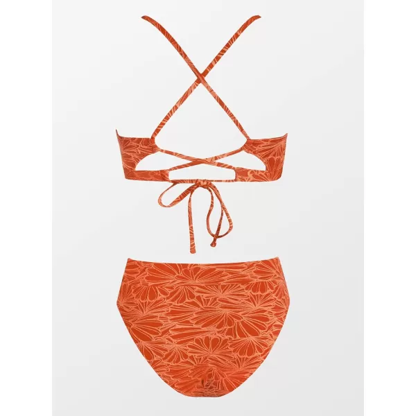 imageCUPSHE Bikini Set for Women Bathing Suit High Waisted Scalloped V Neck Two Pieces SwimsuitCoral Orange