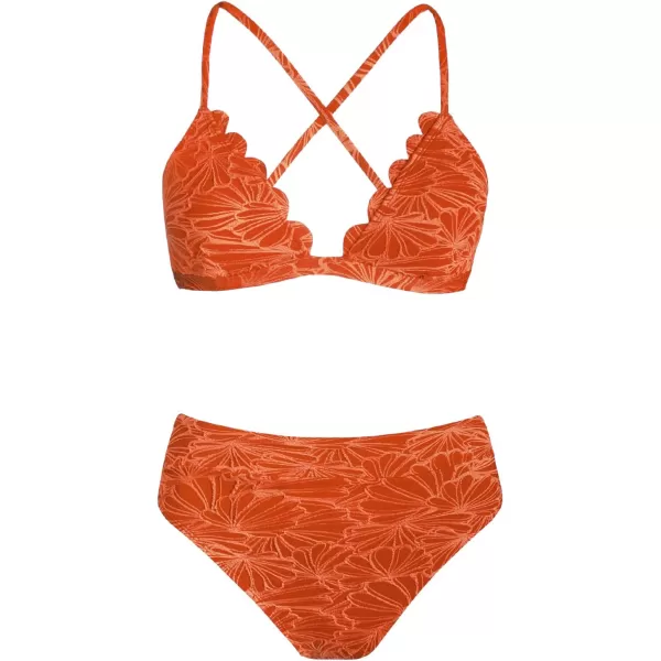 imageCUPSHE Bikini Set for Women Bathing Suit High Waisted Scalloped V Neck Two Pieces SwimsuitCoral Orange