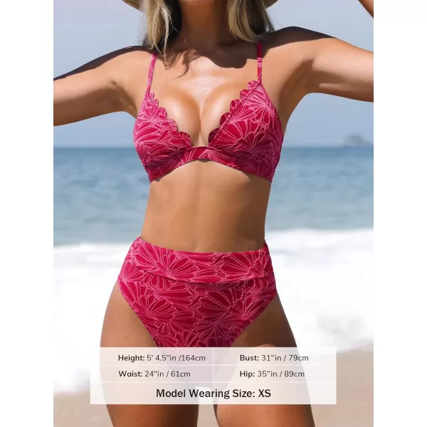 imageCUPSHE Bikini Set for Women Bathing Suit High Waisted Scalloped V Neck Two Pieces SwimsuitFuchsia Red
