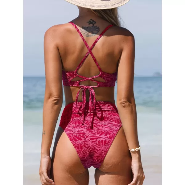 imageCUPSHE Bikini Set for Women Bathing Suit High Waisted Scalloped V Neck Two Pieces SwimsuitFuchsia Red