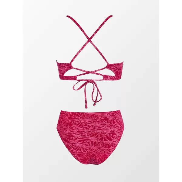 imageCUPSHE Bikini Set for Women Bathing Suit High Waisted Scalloped V Neck Two Pieces SwimsuitFuchsia Red