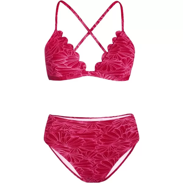 imageCUPSHE Bikini Set for Women Bathing Suit High Waisted Scalloped V Neck Two Pieces SwimsuitFuchsia Red