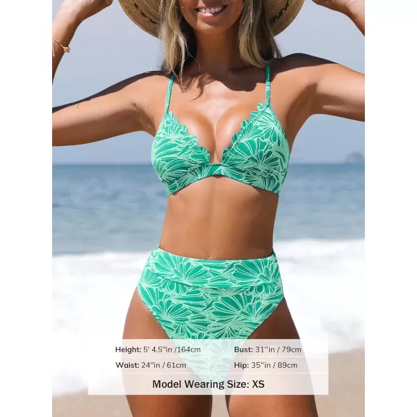 imageCUPSHE Bikini Set for Women Bathing Suit High Waisted Scalloped V Neck Two Pieces SwimsuitMint Green