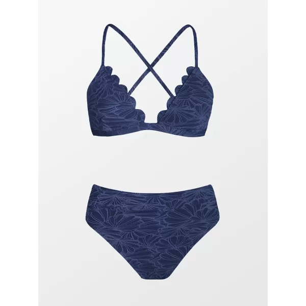 imageCUPSHE Bikini Set for Women Bathing Suit High Waisted Scalloped V Neck Two Pieces SwimsuitNavy
