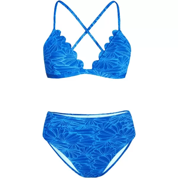 imageCUPSHE Bikini Set for Women Bathing Suit High Waisted Scalloped V Neck Two Pieces SwimsuitSapphire Blue