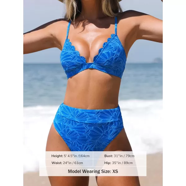 imageCUPSHE Bikini Set for Women Bathing Suit High Waisted Scalloped V Neck Two Pieces SwimsuitSapphire Blue