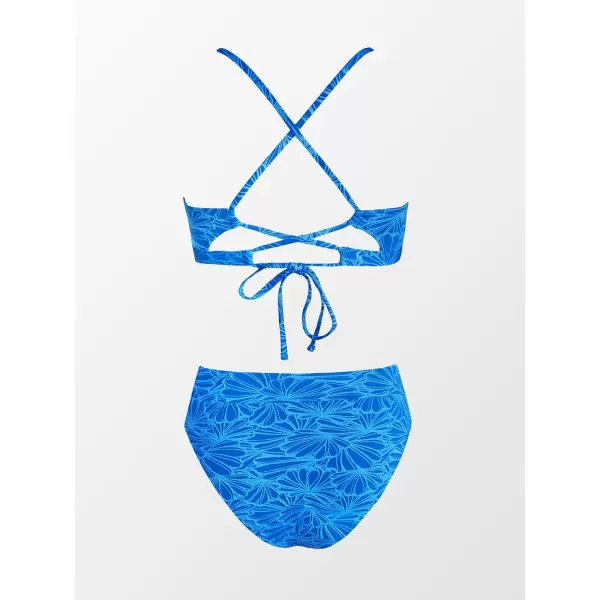 imageCUPSHE Bikini Set for Women Bathing Suit High Waisted Scalloped V Neck Two Pieces SwimsuitSapphire Blue