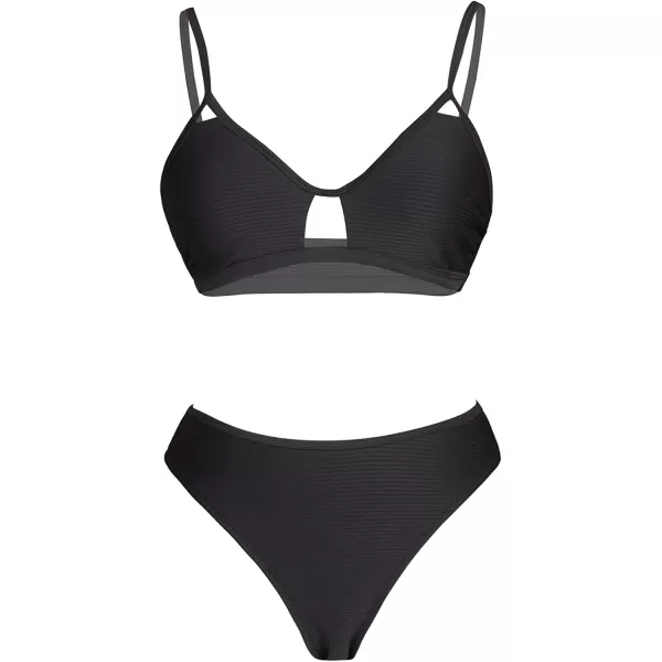 imageCUPSHE Bikini Set for Women Bathing Suit Mid Waist Cutout High Cut Spaghetti Straps Cheeky RibBlack