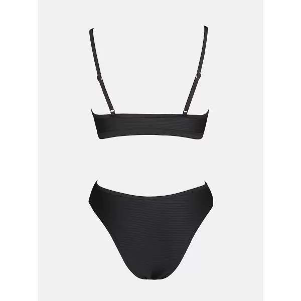 imageCUPSHE Bikini Set for Women Bathing Suit Mid Waist Cutout High Cut Spaghetti Straps Cheeky RibBlack