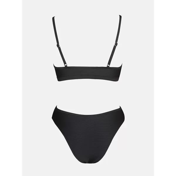 imageCUPSHE Bikini Set for Women Bathing Suit Mid Waist Cutout High Cut Spaghetti Straps Cheeky RibBlack