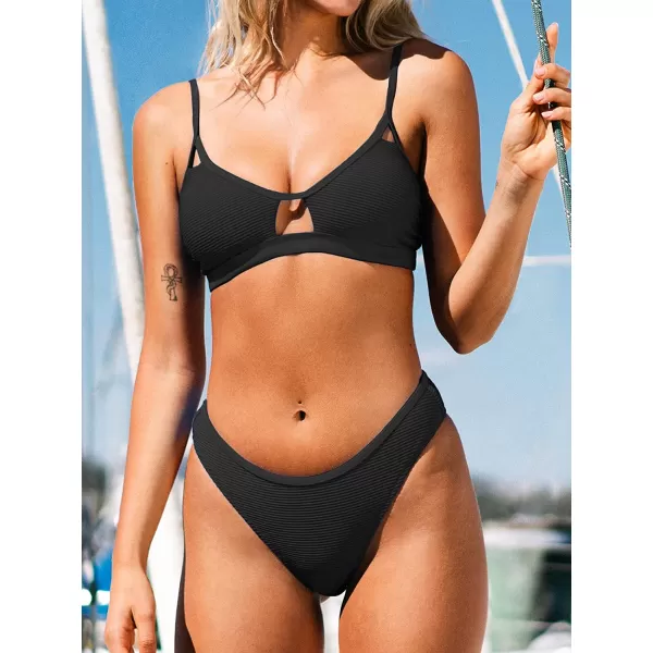 imageCUPSHE Bikini Set for Women Bathing Suit Mid Waist Cutout High Cut Spaghetti Straps Cheeky RibBlack
