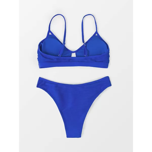 imageCUPSHE Bikini Set for Women Bathing Suit Mid Waist Cutout High Cut Spaghetti Straps Cheeky RibBlue