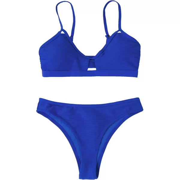 imageCUPSHE Bikini Set for Women Bathing Suit Mid Waist Cutout High Cut Spaghetti Straps Cheeky RibBlue