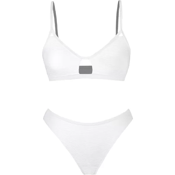 imageCUPSHE Bikini Set for Women Bathing Suit Mid Waist Cutout High Cut Spaghetti Straps Cheeky RibWhite