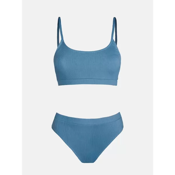 imageCUPSHE Bikini Set for Women Ribbed Two Piece Swimsuits Scoop Neck Adjustable Spaghetti Straps High Waisted BottomBlue