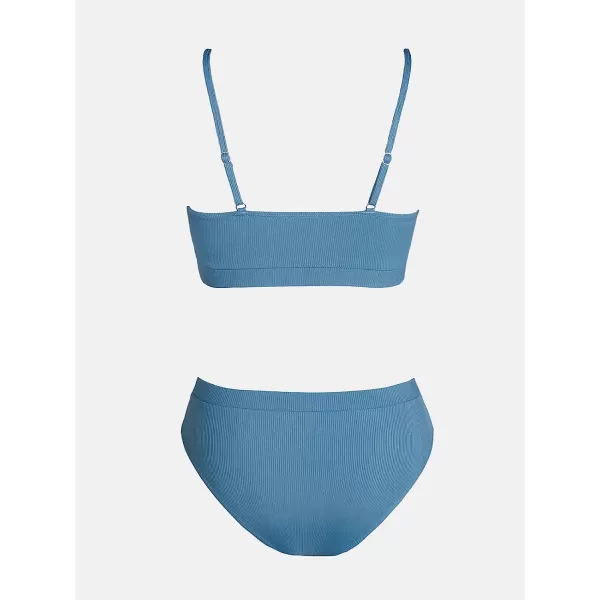 imageCUPSHE Bikini Set for Women Ribbed Two Piece Swimsuits Scoop Neck Adjustable Spaghetti Straps High Waisted BottomBlue