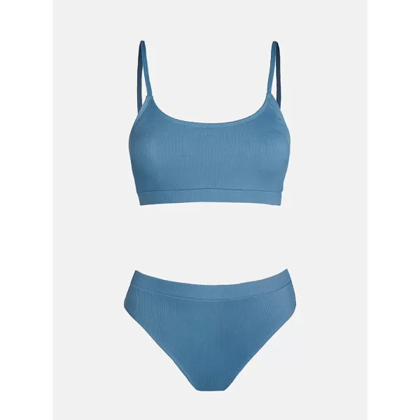imageCUPSHE Bikini Set for Women Ribbed Two Piece Swimsuits Scoop Neck Adjustable Spaghetti Straps High Waisted BottomBlue