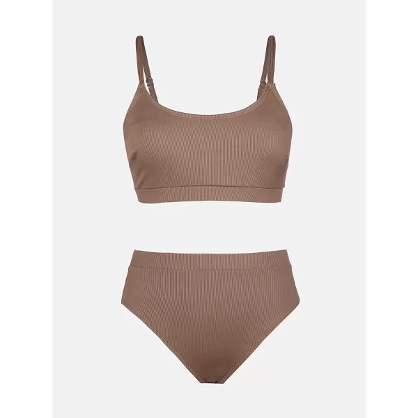 imageCUPSHE Bikini Set for Women Ribbed Two Piece Swimsuits Scoop Neck Adjustable Spaghetti Straps High Waisted BottomLight Brown