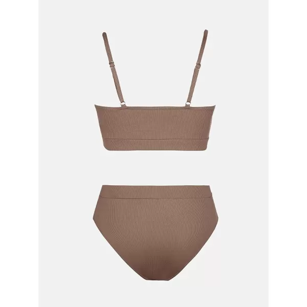 imageCUPSHE Bikini Set for Women Ribbed Two Piece Swimsuits Scoop Neck Adjustable Spaghetti Straps High Waisted BottomLight Brown
