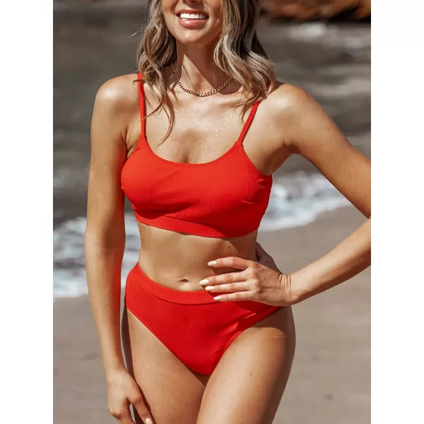 imageCUPSHE Bikini Set for Women Ribbed Two Piece Swimsuits Scoop Neck Adjustable Spaghetti Straps High Waisted BottomRed
