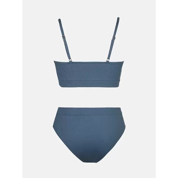imageCUPSHE Bikini Set for Women Ribbed Two Piece Swimsuits Scoop Neck Adjustable Spaghetti Straps High Waisted BottomSteelblue
