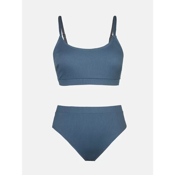 imageCUPSHE Bikini Set for Women Ribbed Two Piece Swimsuits Scoop Neck Adjustable Spaghetti Straps High Waisted BottomSteelblue