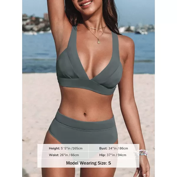 imageCUPSHE Bikini Set for Women Swimsuit High Waisted V Neck Wide Straps Back Hook Removable Push UpAnchor Gray