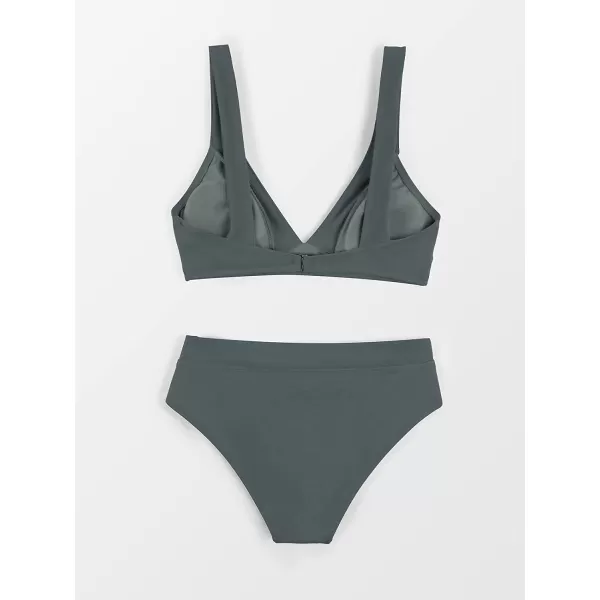 imageCUPSHE Bikini Set for Women Swimsuit High Waisted V Neck Wide Straps Back Hook Removable Push UpAnchor Gray