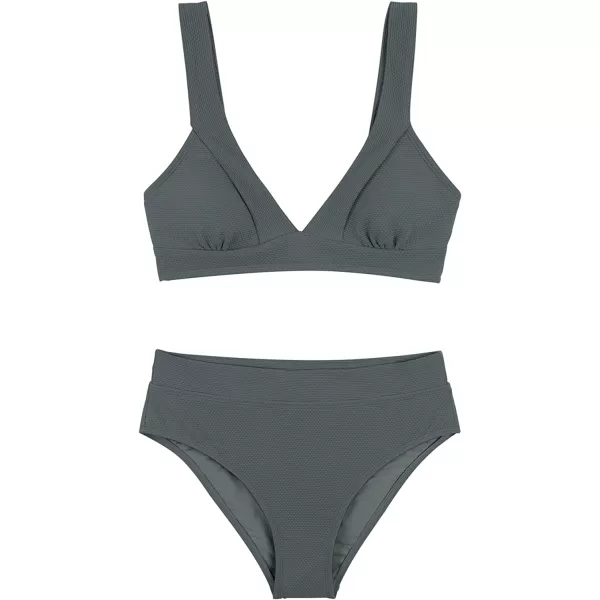 imageCUPSHE Bikini Set for Women Swimsuit High Waisted V Neck Wide Straps Back Hook Removable Push UpAnchor Gray