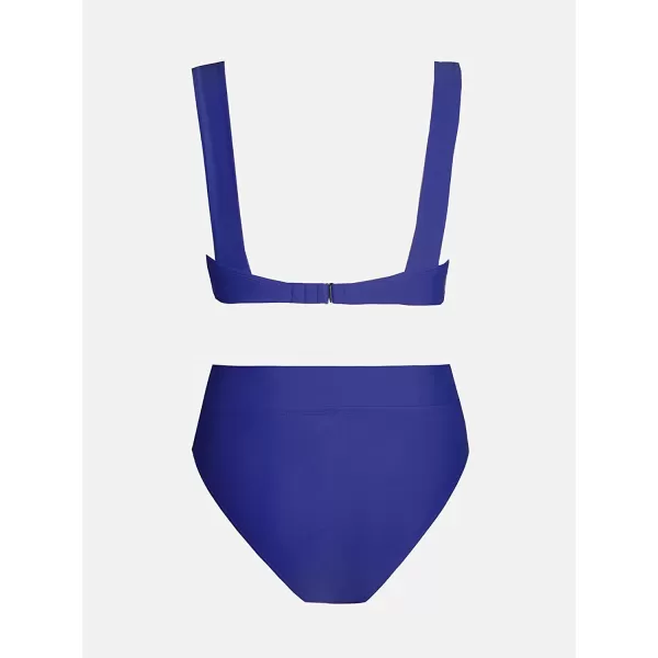 imageCUPSHE Bikini Set for Women Swimsuit High Waisted V Neck Wide Straps Back Hook Removable Push UpAzure Blue